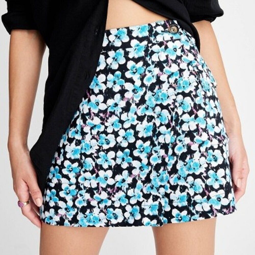 Future Collective Skirt Womens 12 Blue Floral Wrap Linen Mini Summer New Boho